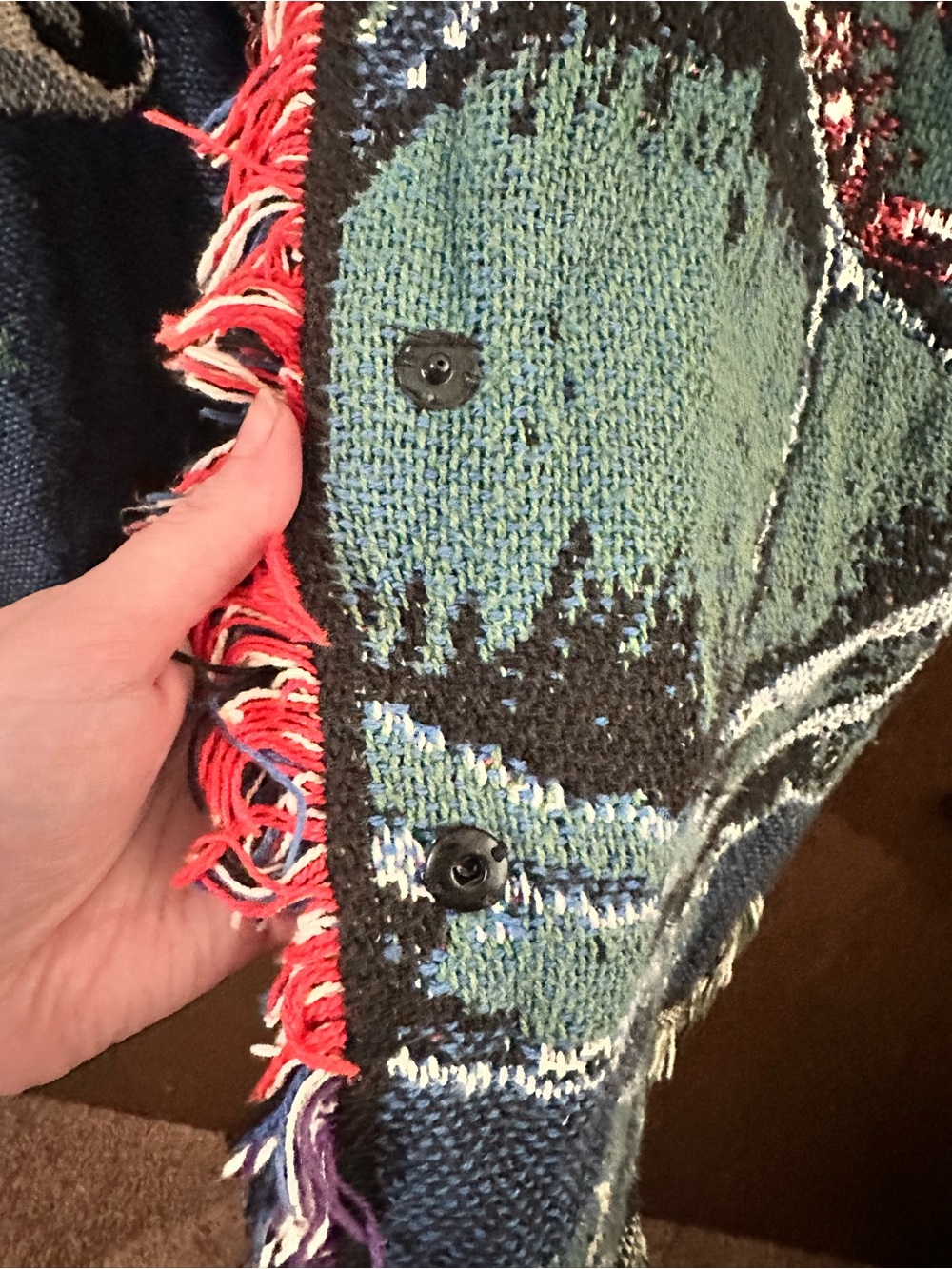 Handmade Fringed Boho Blanket Tapestry Knit Cardigan Blue & Green Animals Sz XL - Picture 6 of 16